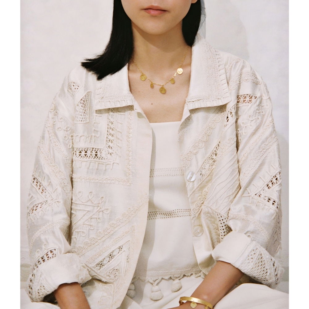 Vintage Silk Embroidered Lattice Cream Jacket, L - Picture 1 of 13